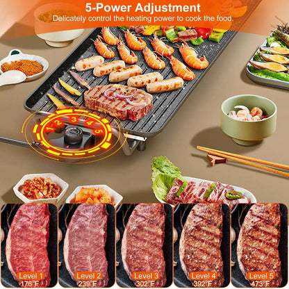 1500W Electric BBQ Grill — Indoor Outdoor Portable Griddle with 5 Heat Levels and Non-Stick Dual Surface