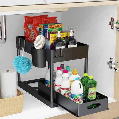 2-Tier Sliding Under Sink Cabinet Organizer with Hooks