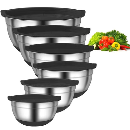 Stainless Steel Mixing Bowl Set with Lids — 6-Piece Nesting Salad Bowls with Non-Slip Base