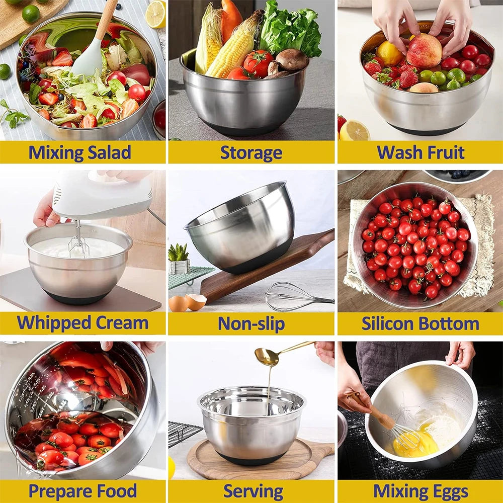 Stainless Steel Mixing Bowl Set with Lids — 6-Piece Nesting Salad Bowls with Non-Slip Base