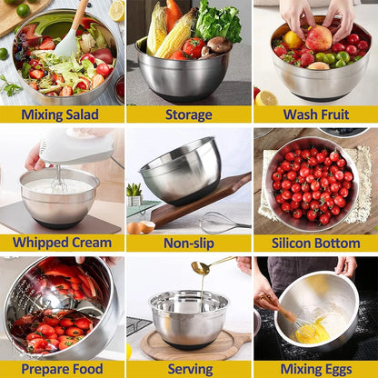 Stainless Steel Mixing Bowl Set with Lids — 6-Piece Nesting Salad Bowls with Non-Slip Base