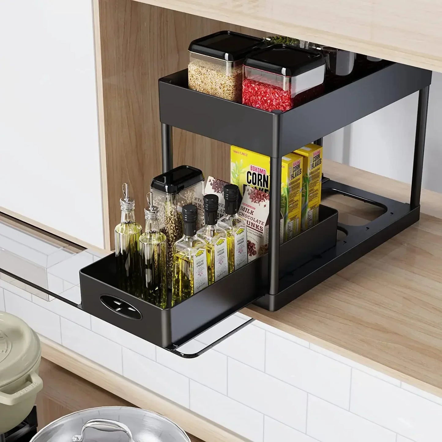 2-Tier Sliding Under Sink Cabinet Organizer with Hooks