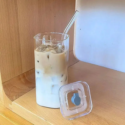 Heat-Resistant Glass Coffee Cup with Lid and Straw — Clear Square Tumbler for Hot and Cold Drinks