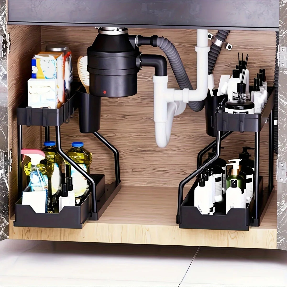 Under Sink Cabinet Organizer — 2-Tier Adjustable Shelf Storage Rack