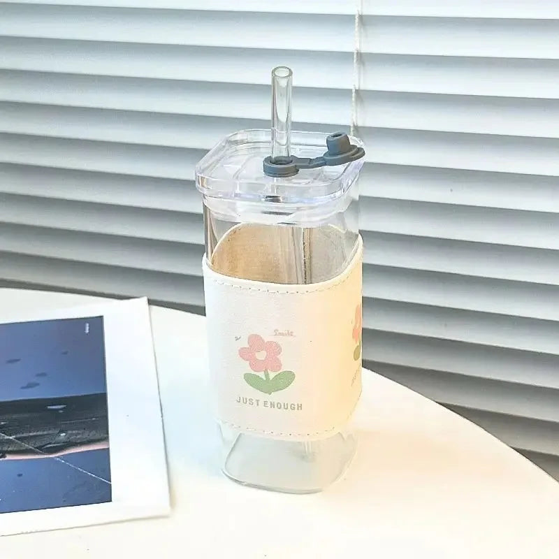 Heat-Resistant Glass Coffee Cup with Lid and Straw — Clear Square Tumbler for Hot and Cold Drinks