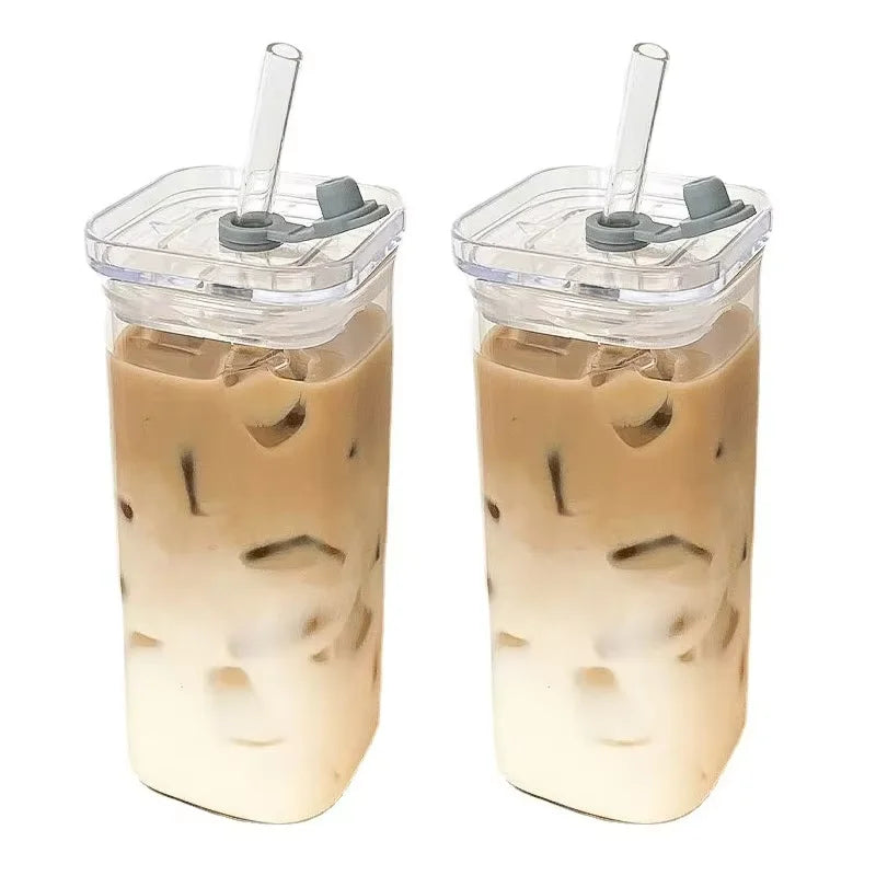 Heat-Resistant Glass Coffee Cup with Lid and Straw — Clear Square Tumbler for Hot and Cold Drinks