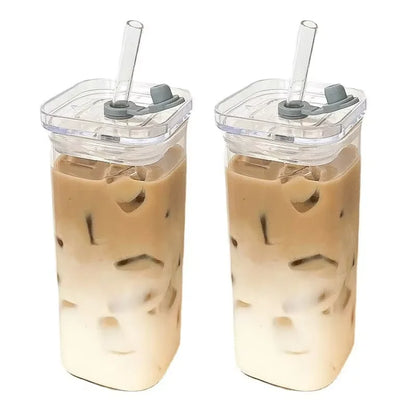 Heat-Resistant Glass Coffee Cup with Lid and Straw — Clear Square Tumbler for Hot and Cold Drinks