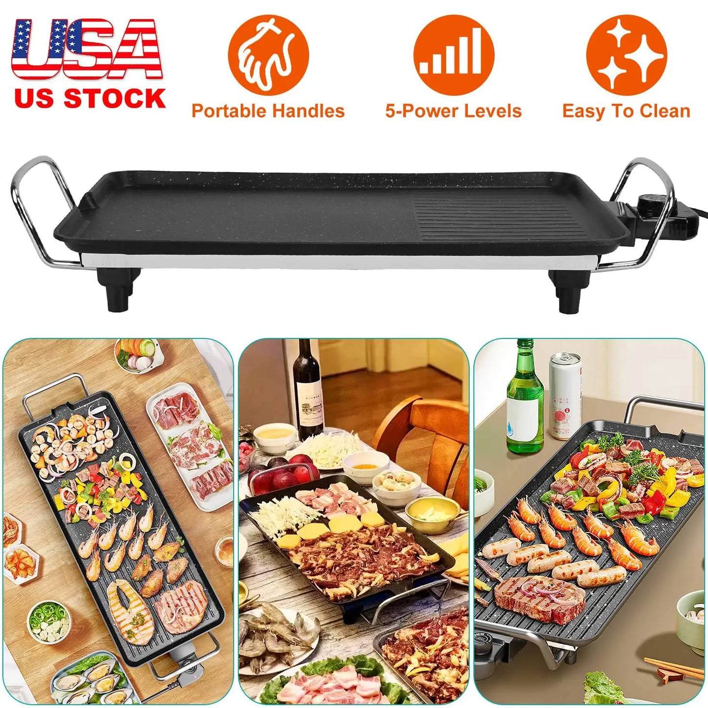 1500W Electric BBQ Grill — Indoor Outdoor Portable Griddle with 5 Heat Levels and Non-Stick Dual Surface