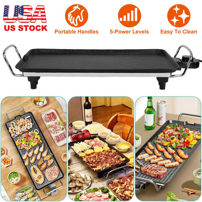 1500W Electric BBQ Grill — Indoor Outdoor Portable Griddle with 5 Heat Levels and Non-Stick Dual Surface