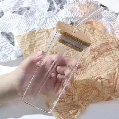 Heat-Resistant Glass Coffee Cup with Lid and Straw — Clear Square Tumbler for Hot and Cold Drinks