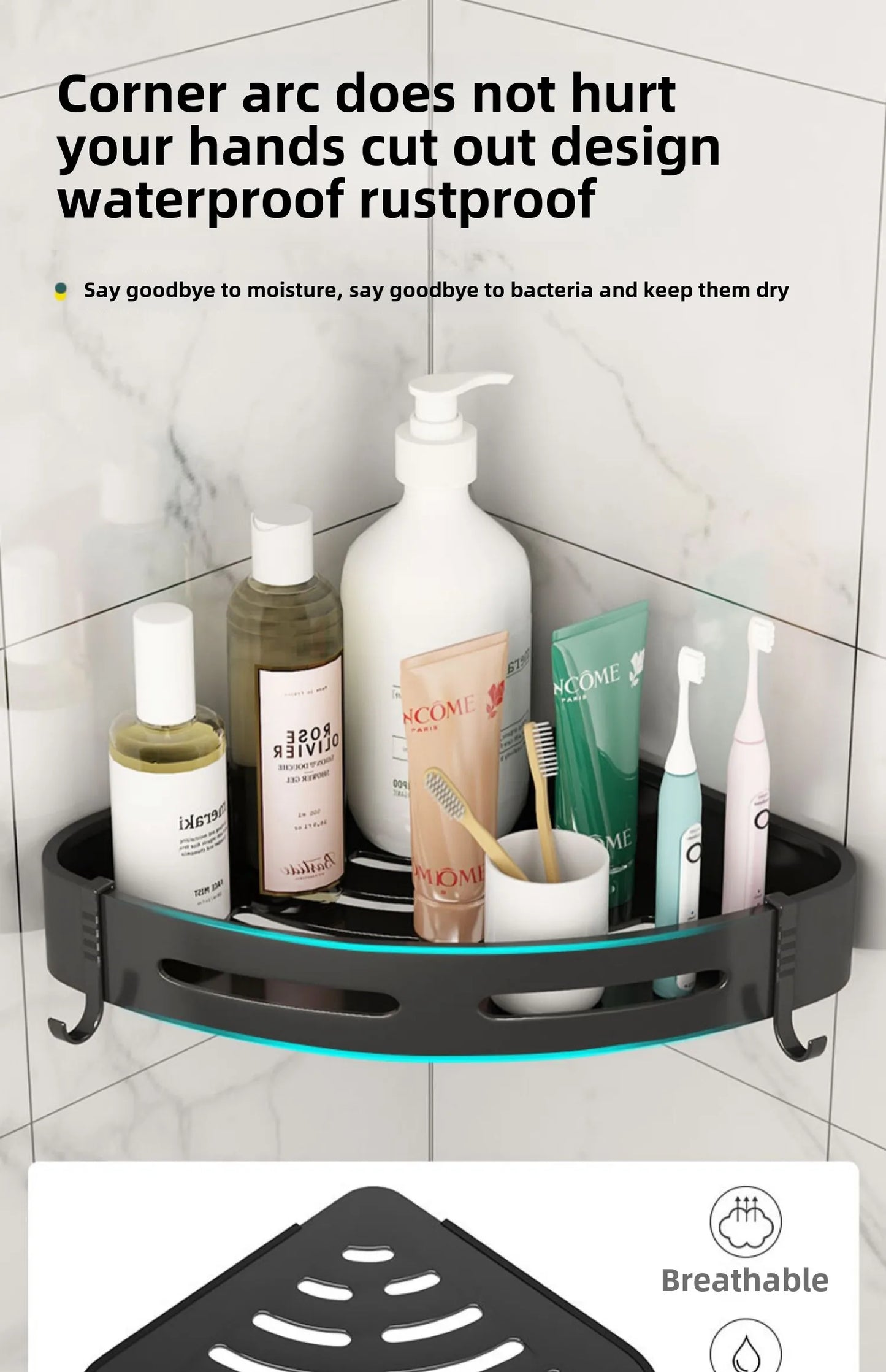No-Drill Adhesive Shower Shelf — Waterproof Wall-Mounted Bathroom Storage Rack
