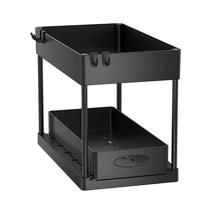 2-Tier Sliding Under Sink Cabinet Organizer with Hooks