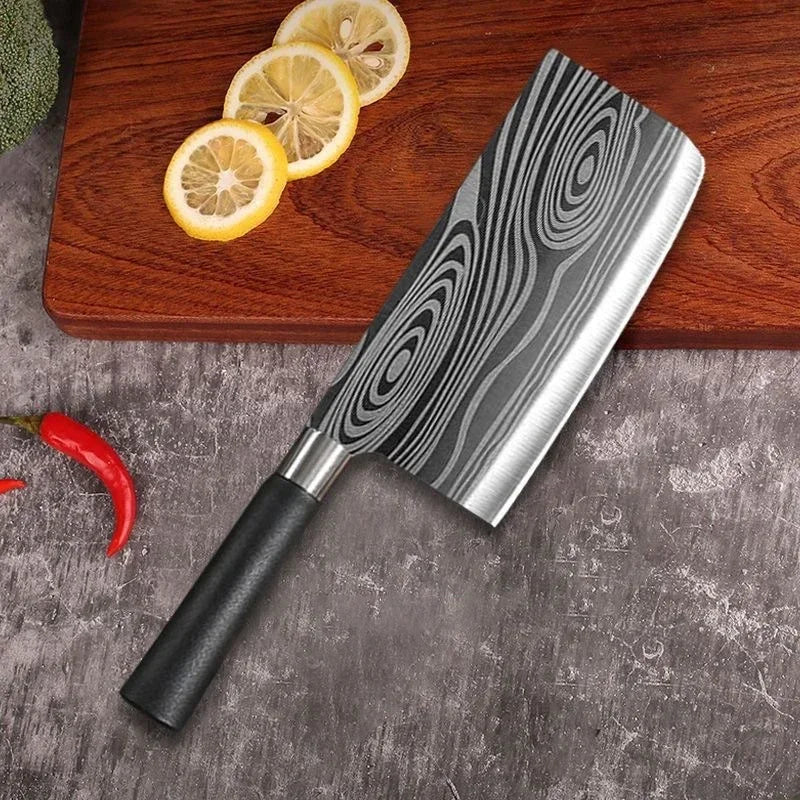 Damascus Pattern Kitchen Knife and Scissors Set with Sharpening Rod — Stainless Steel