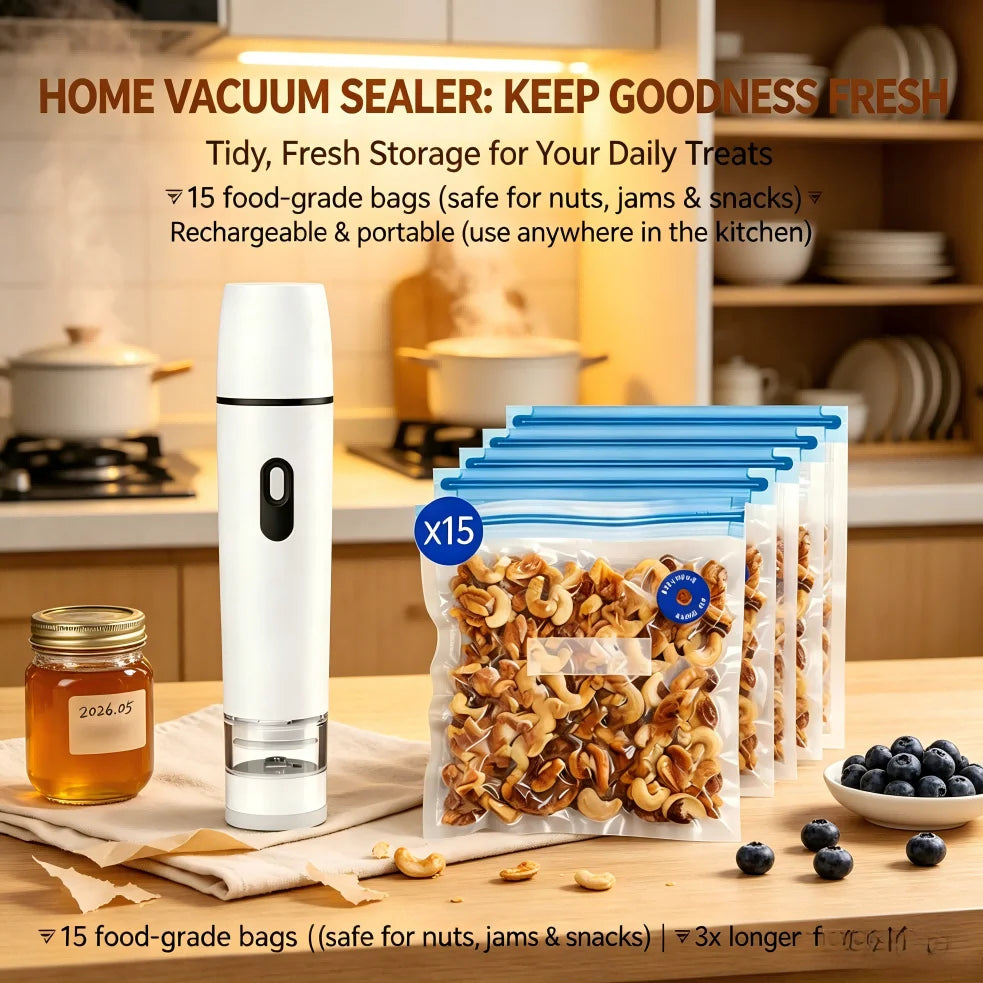 Handheld Food Vacuum Sealer with 15 Bags — Portable Airtight Freshness Keeper