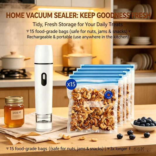 Handheld Food Vacuum Sealer with 15 Bags — Portable Airtight Freshness Keeper