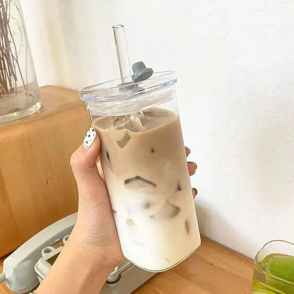 Heat-Resistant Glass Coffee Cup with Lid and Straw — Clear Square Tumbler for Hot and Cold Drinks