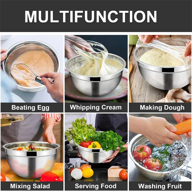 Stainless Steel Mixing Bowl Set with Lids — 6-Piece Nesting Salad Bowls with Non-Slip Base