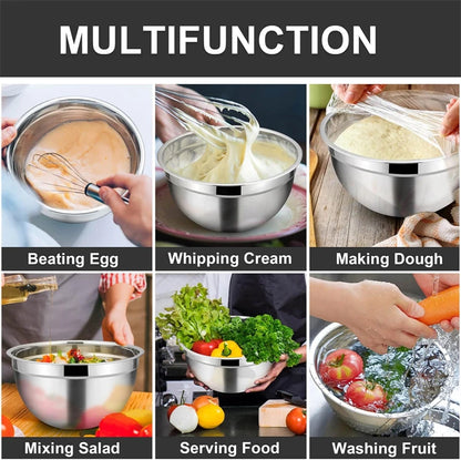 Stainless Steel Mixing Bowl Set with Lids — 6-Piece Nesting Salad Bowls with Non-Slip Base