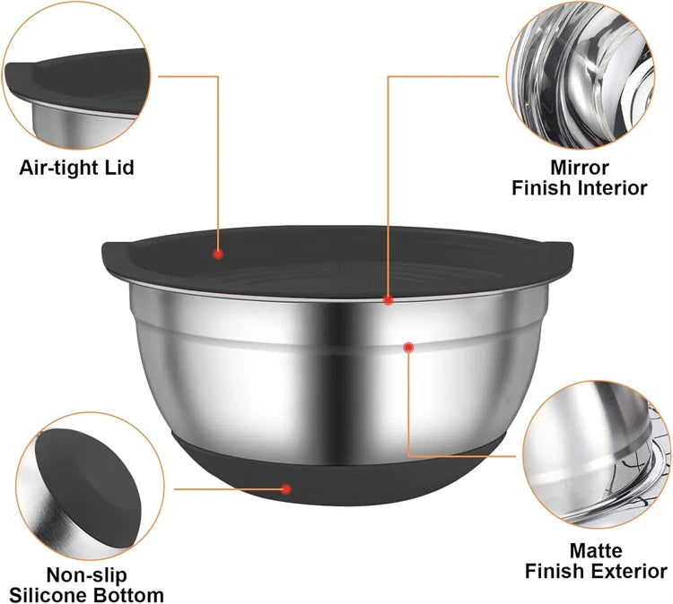 Stainless Steel Mixing Bowl Set with Lids — 6-Piece Nesting Salad Bowls with Non-Slip Base