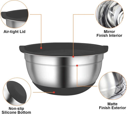 Stainless Steel Mixing Bowl Set with Lids — 6-Piece Nesting Salad Bowls with Non-Slip Base