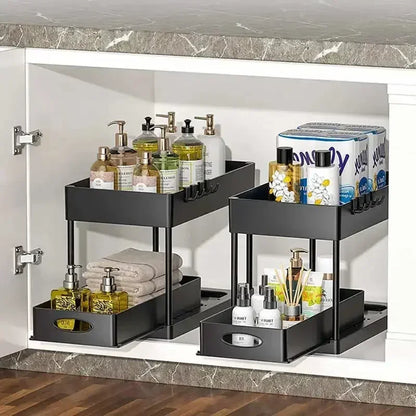 2-Tier Sliding Under Sink Cabinet Organizer with Hooks