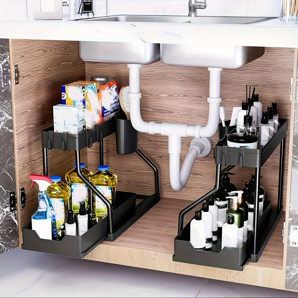 Under Sink Cabinet Organizer — 2-Tier Adjustable Shelf Storage Rack