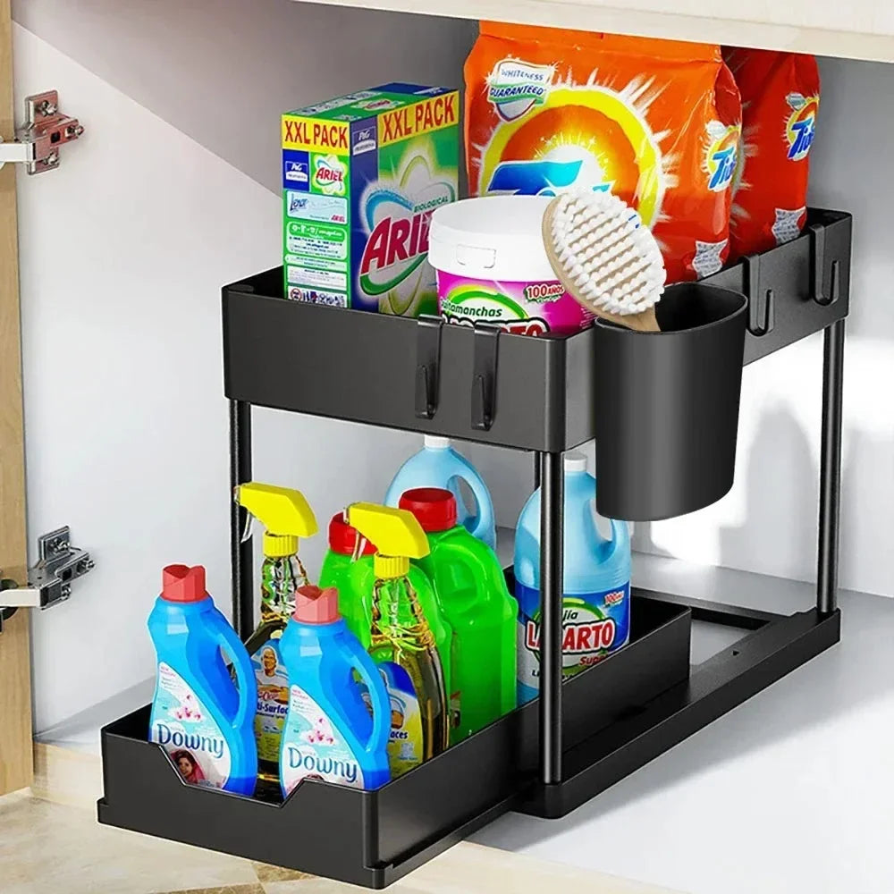 2-Tier Sliding Under Sink Cabinet Organizer with Hooks