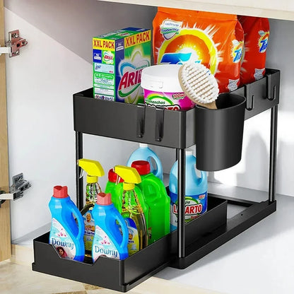 2-Tier Sliding Under Sink Cabinet Organizer with Hooks