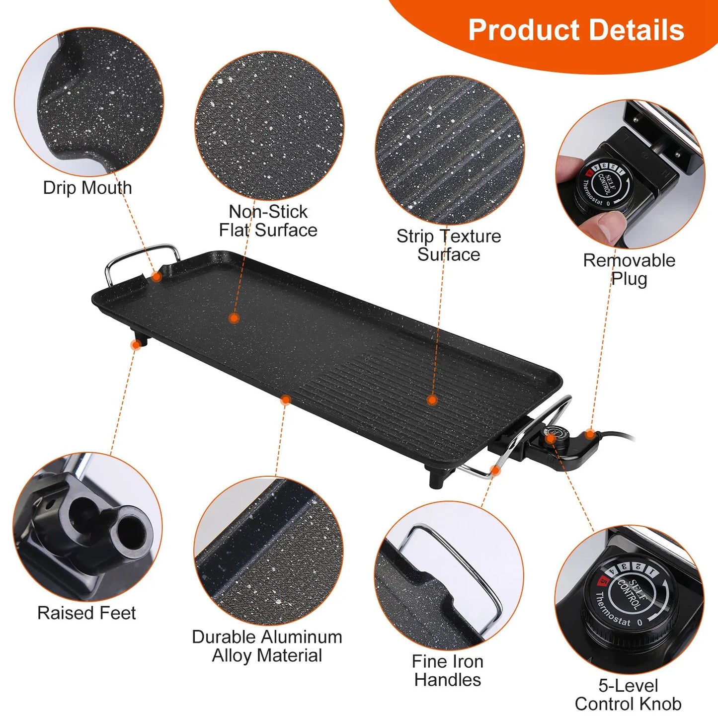 1500W Electric BBQ Grill — Indoor Outdoor Portable Griddle with 5 Heat Levels and Non-Stick Dual Surface