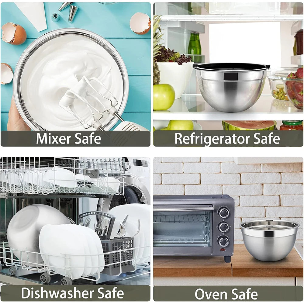 Stainless Steel Mixing Bowl Set with Lids — 6-Piece Nesting Salad Bowls with Non-Slip Base