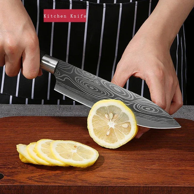 Damascus Pattern Kitchen Knife and Scissors Set with Sharpening Rod — Stainless Steel