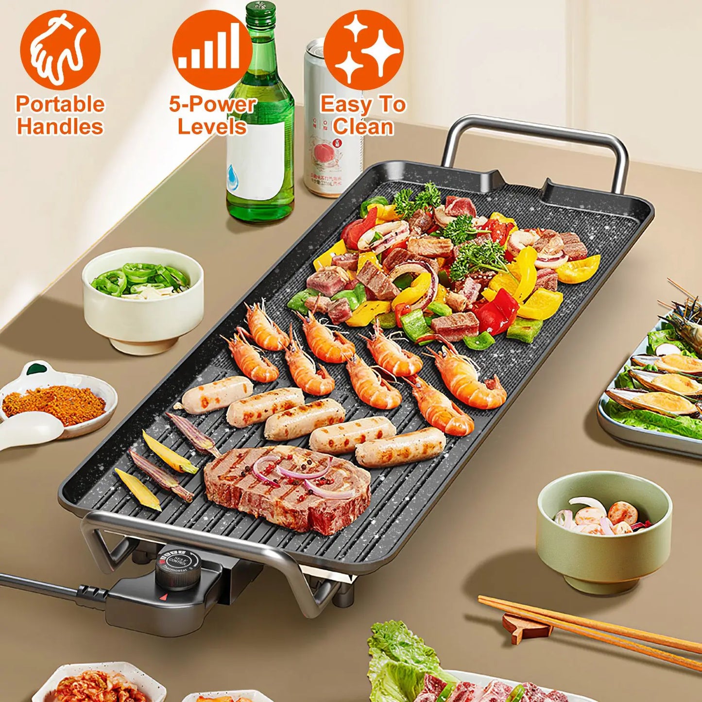 1500W Electric BBQ Grill — Indoor Outdoor Portable Griddle with 5 Heat Levels and Non-Stick Dual Surface