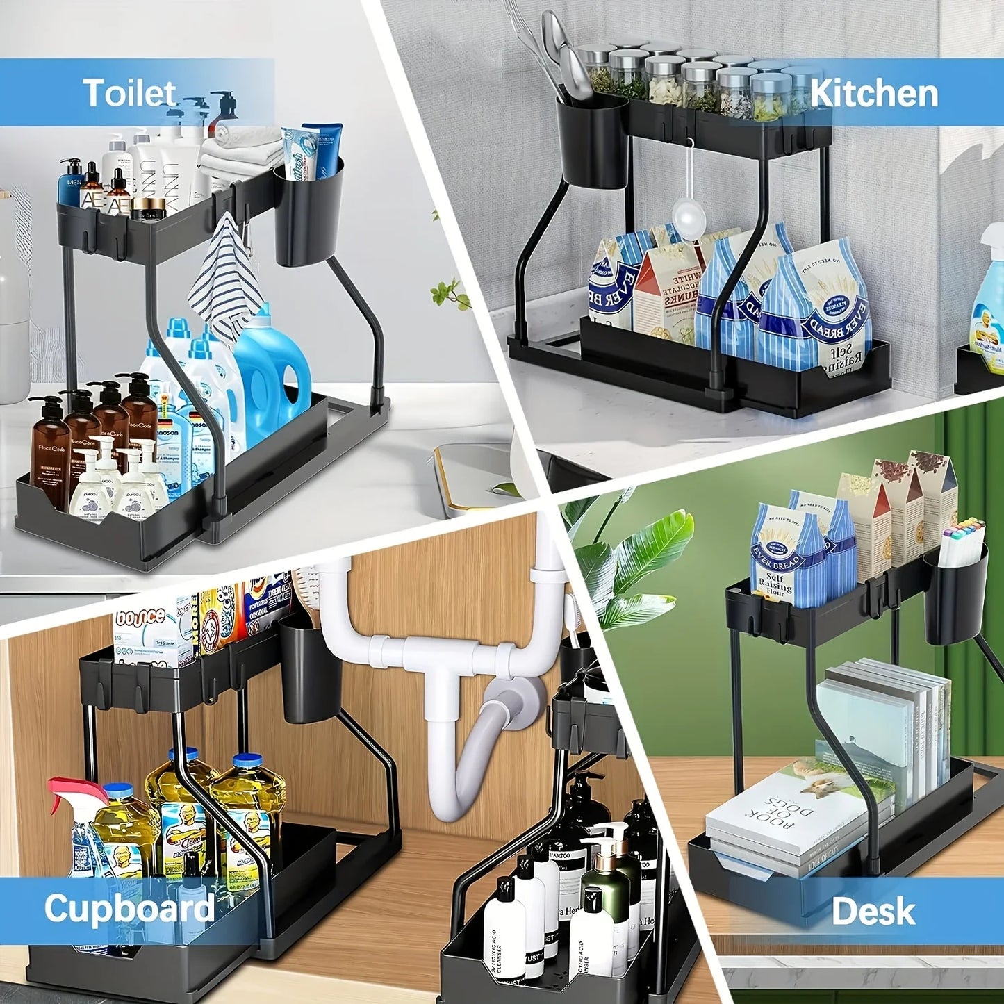 Under Sink Cabinet Organizer — 2-Tier Adjustable Shelf Storage Rack