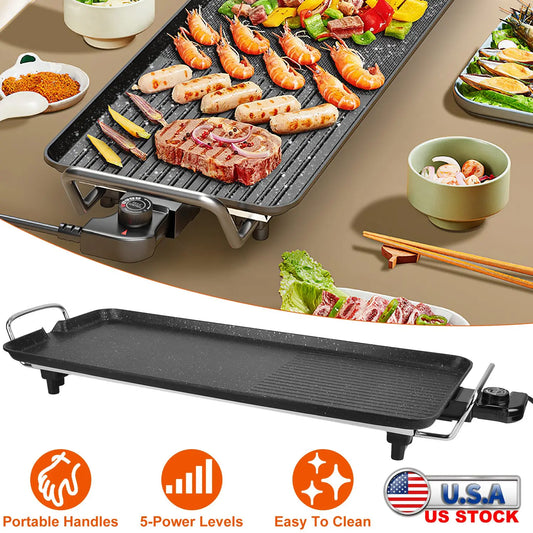 1500W Electric BBQ Grill — Indoor Outdoor Portable Griddle with 5 Heat Levels and Non-Stick Dual Surface