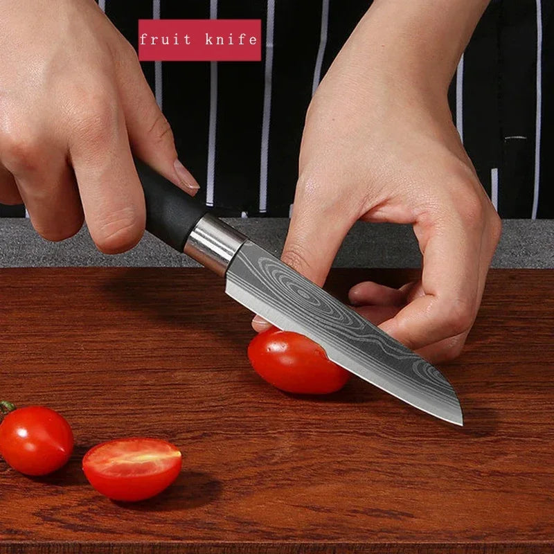 Damascus Pattern Kitchen Knife and Scissors Set with Sharpening Rod — Stainless Steel