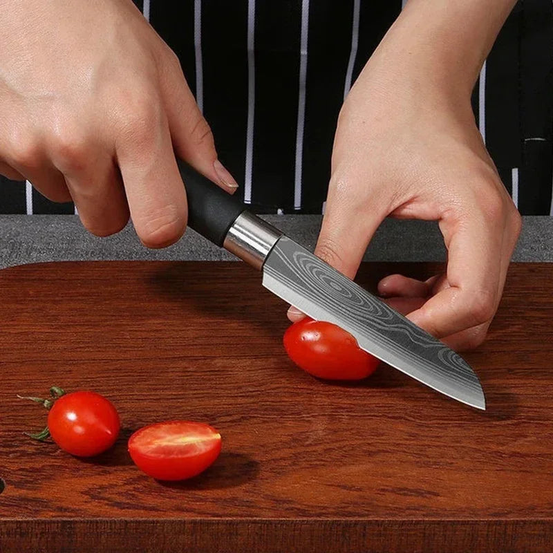 Damascus Pattern Kitchen Knife and Scissors Set with Sharpening Rod — Stainless Steel