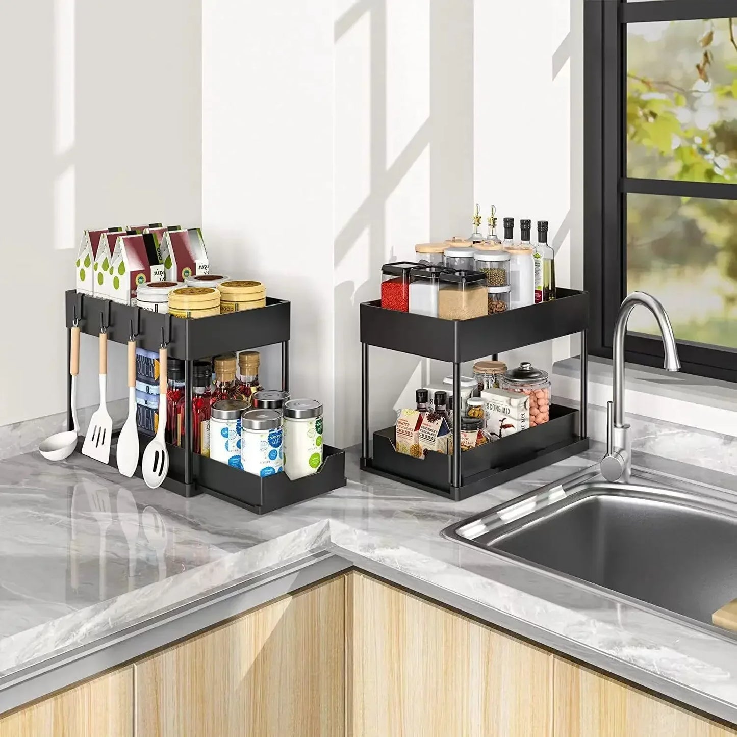 2-Tier Sliding Under Sink Cabinet Organizer with Hooks