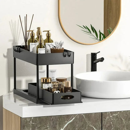 2-Tier Sliding Under Sink Cabinet Organizer with Hooks