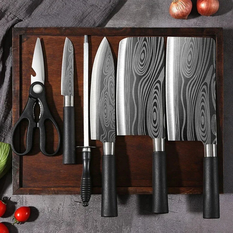 Damascus Pattern Kitchen Knife and Scissors Set with Sharpening Rod — Stainless Steel
