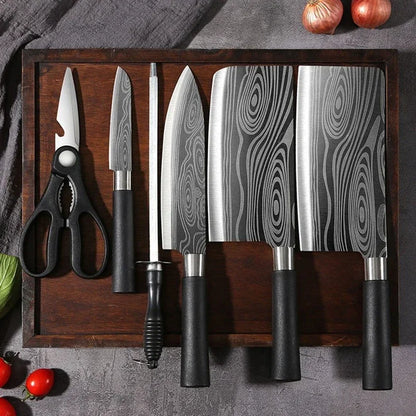 Damascus Pattern Kitchen Knife and Scissors Set with Sharpening Rod — Stainless Steel
