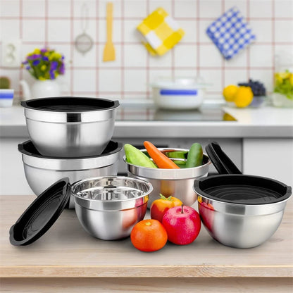 Stainless Steel Mixing Bowl Set with Lids — 6-Piece Nesting Salad Bowls with Non-Slip Base