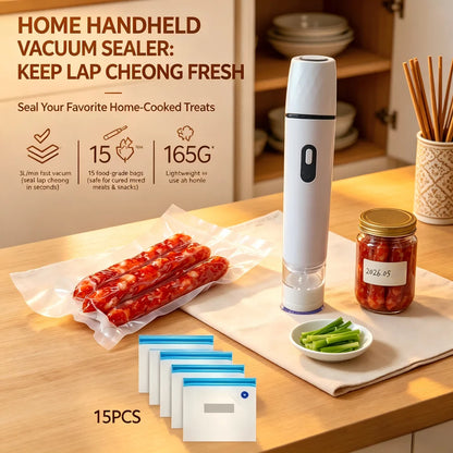 Handheld Food Vacuum Sealer with 15 Bags — Portable Airtight Freshness Keeper
