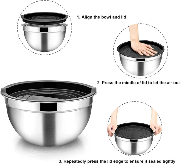 Stainless Steel Mixing Bowl Set with Lids — 6-Piece Nesting Salad Bowls with Non-Slip Base