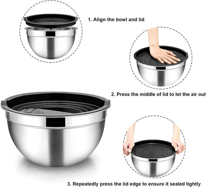 Stainless Steel Mixing Bowl Set with Lids — 6-Piece Nesting Salad Bowls with Non-Slip Base