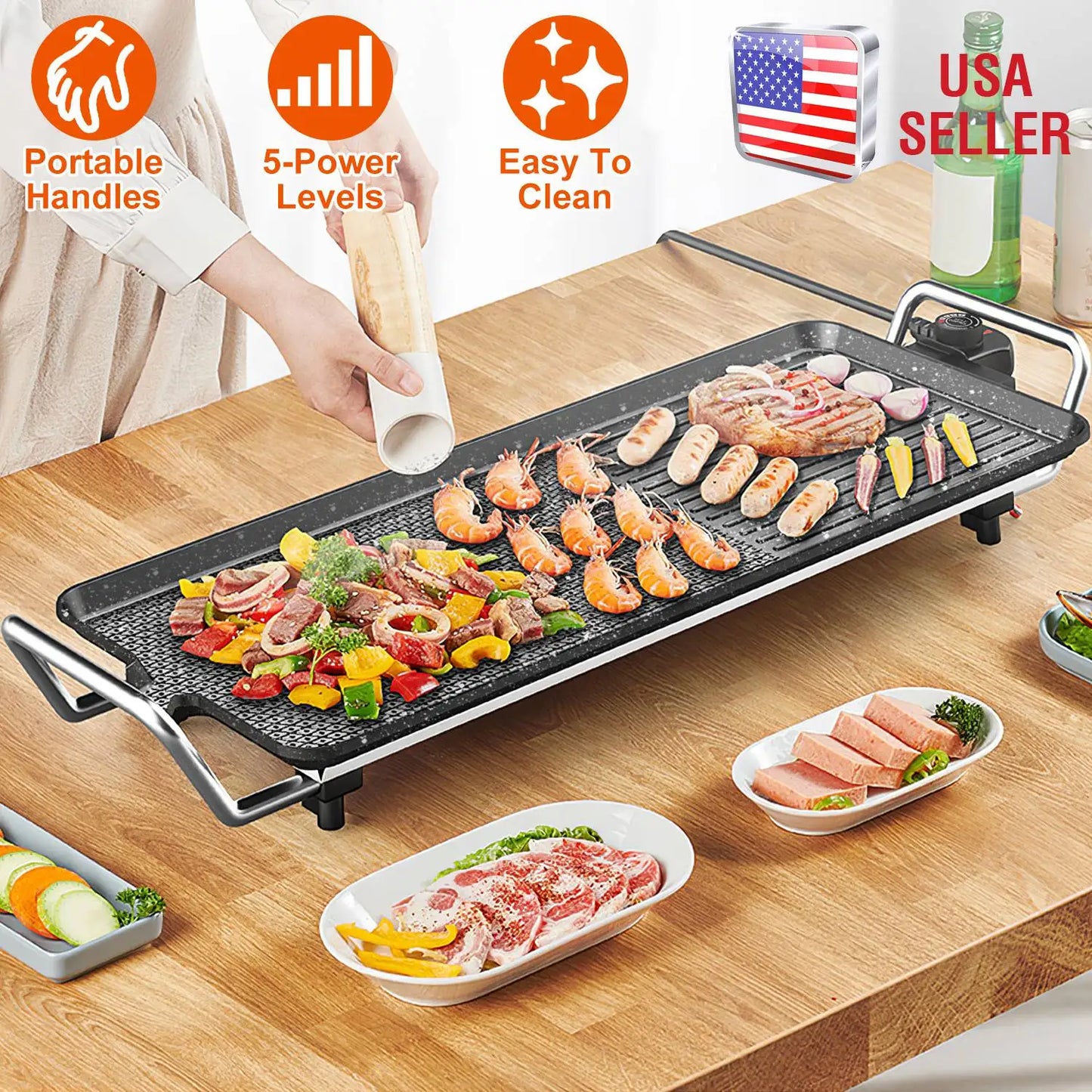 1500W Electric BBQ Grill — Indoor Outdoor Portable Griddle with 5 Heat Levels and Non-Stick Dual Surface