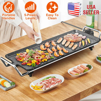 1500W Electric BBQ Grill — Indoor Outdoor Portable Griddle with 5 Heat Levels and Non-Stick Dual Surface
