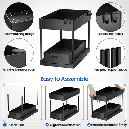 2-Tier Sliding Under Sink Cabinet Organizer with Hooks