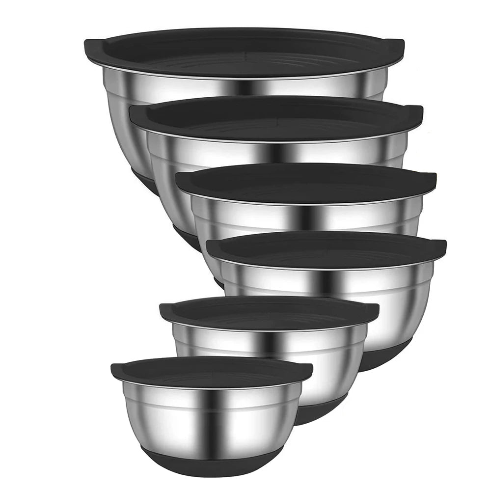 Stainless Steel Mixing Bowl Set with Lids — 6-Piece Nesting Salad Bowls with Non-Slip Base