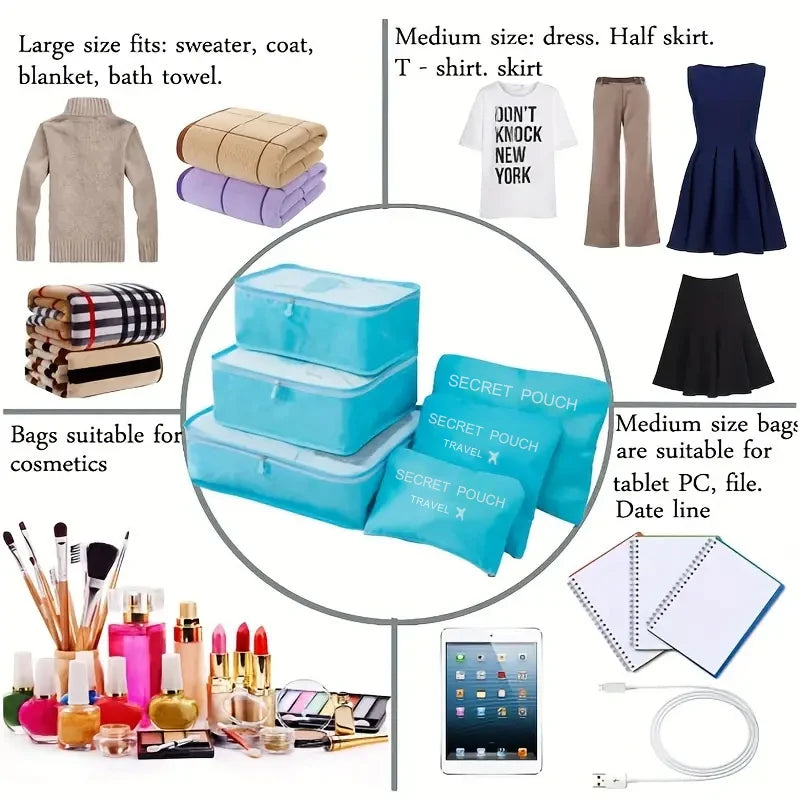 6 Piece Travel Storage Bag Set — Waterproof Luggage Organizer Bags for Clothes and Accessories
