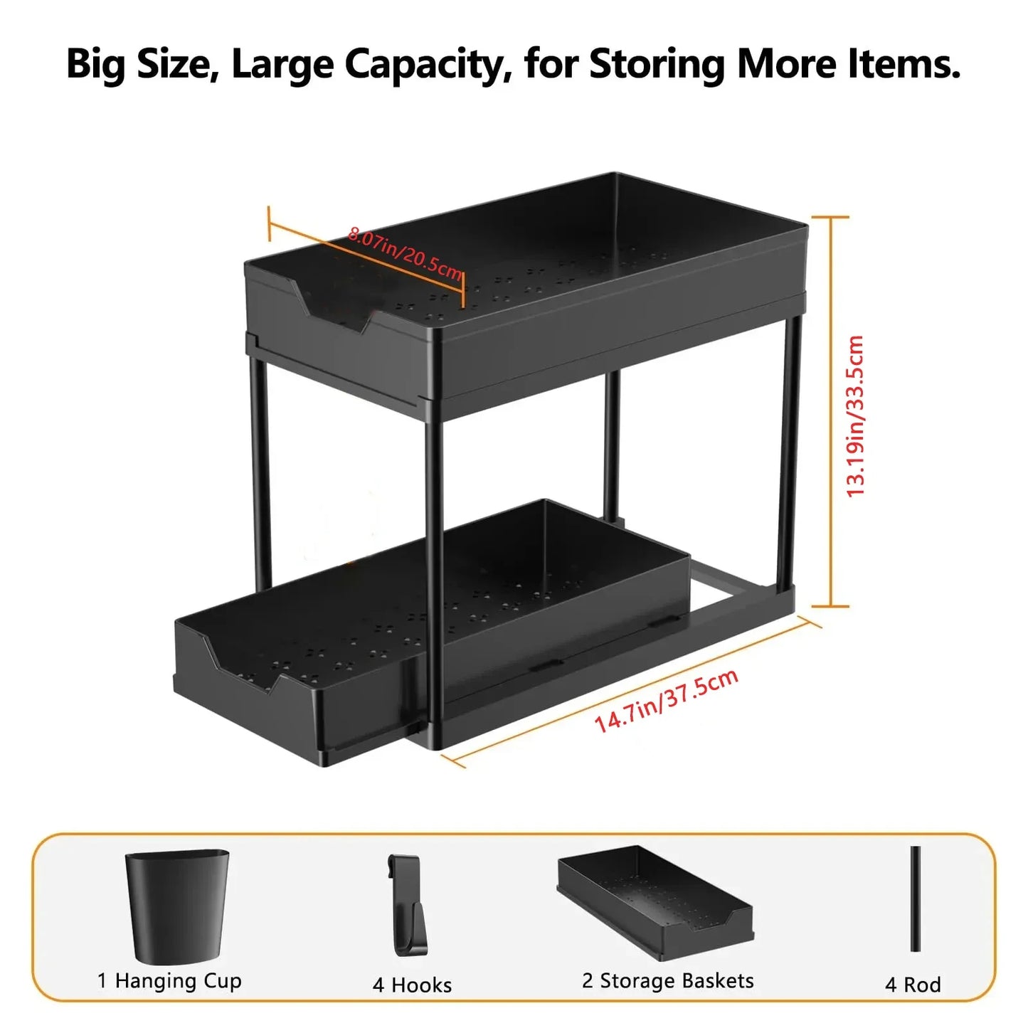 2-Tier Sliding Under Sink Cabinet Organizer with Hooks